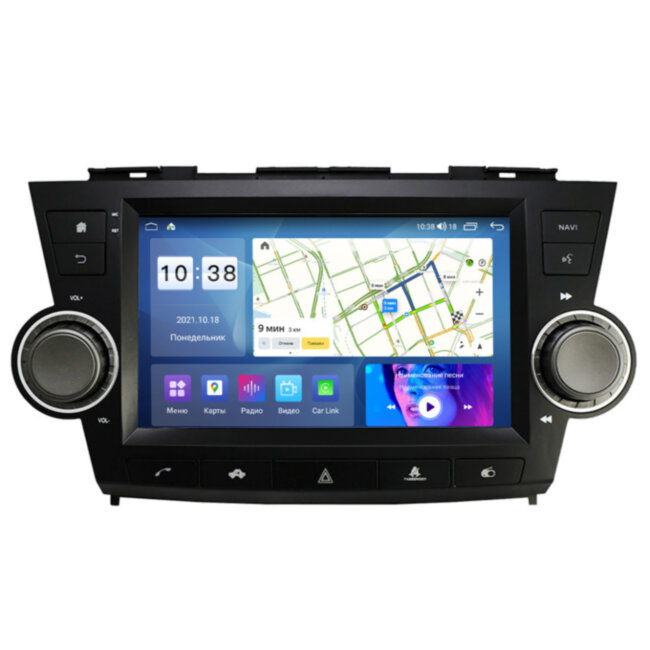 Магнитола для Toyota Highlander 2007-2013 c кнопкой аварийки Parafar на Андроид 14.0 PF035T2THD